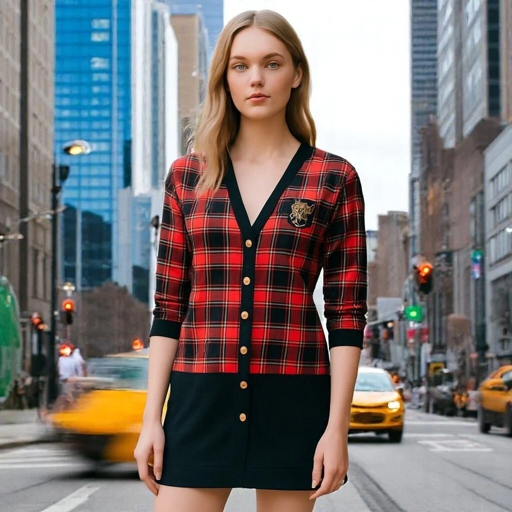 Vintage 90s Dress 12 School Preppy Y2K‎ Tartan Plaid Crest Academia - Picture 2 of 10